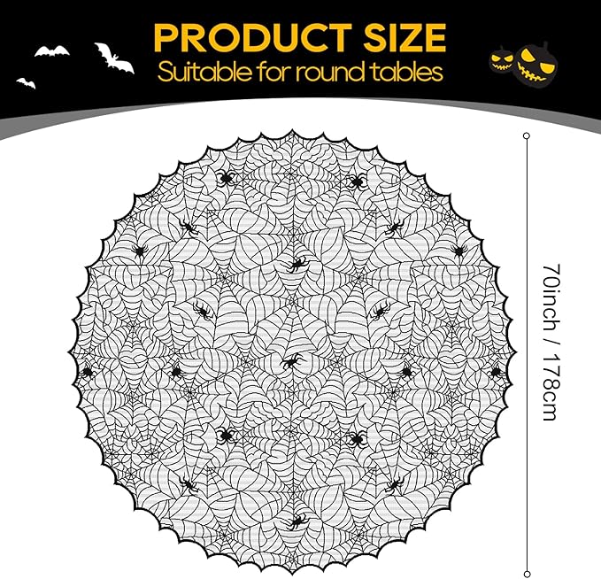 eZAKKA Round Halloween Tablecloth, 70 Inch Spider Webs Tablecloths Black Tablecloth Lace Fabric Table Cloths Spooky Table Cover for Parties Gothic Halloween Home Decorations-Ruum Studio Home
