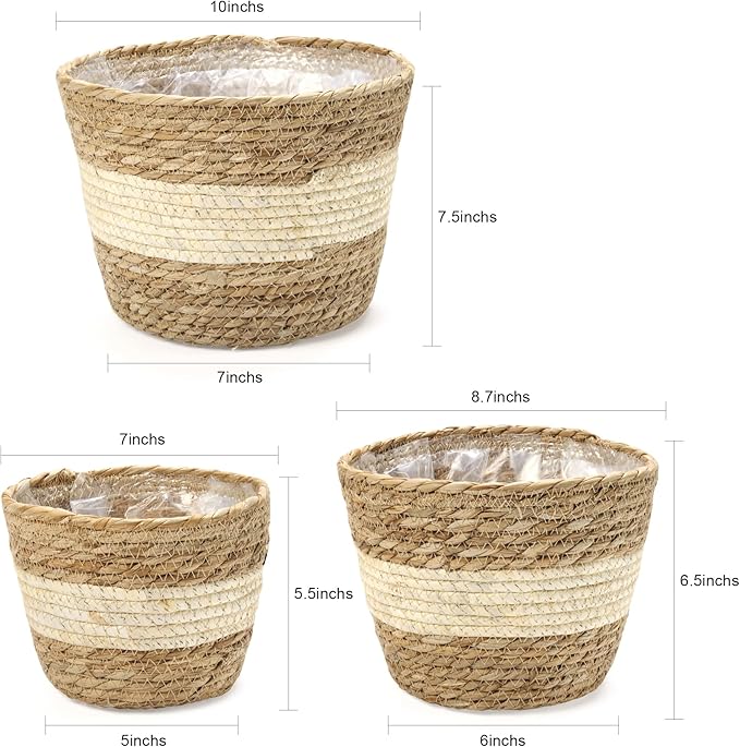 Athaliah Plant Basket, 3 PCS Plant Baskets Indoor with Plastic Liner, Water Hyacinth and Corn Stalk Woven Planters Flower Basket, Planter Basket for Rustic Home Floor Potted Pots Decor-Ruum Studio Home