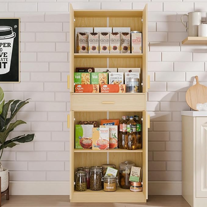 Cozy Castle Pantry Cabinet, 71" Tall Kitchen Storage Cabinet with Doors and Shelves, Freestanding Wood Cupboard Utility Hutch with Drawer for Dining Room Living Room Bathroom Furniture, Oak-Ruum Studio Home