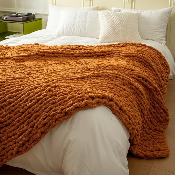WESHIONGOO Chunky Knit Blanket Throw 50"×60" Knitted Throw Blankets for Couch Bed Fall Throw Blanket Fluffy Soft Blanket with Jumbo Chenille Yarn Thick 100% Handmade (Burnt Orange)-Ruum Studio Home