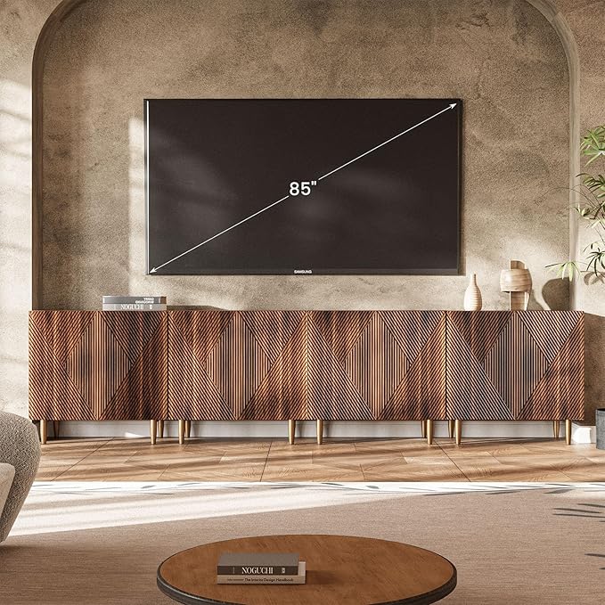 Set of 2 Fluted TV Stands with Storage, 65 Inch Accent Sideboard Large Console Table with Adjustable Shelves, Mid Century Modern TV Cabinets for Living Room, Dining Room, Walnut-Ruum Studio Home