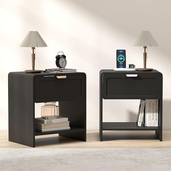 LEVNARY Nightstand Set of 2, Mid-Century Modern Bedside Table with Charging Station and Curved Top Corners, Wooden End Table for Farmhouse Bedroom Living Room (2, Black)-Ruum Studio Home