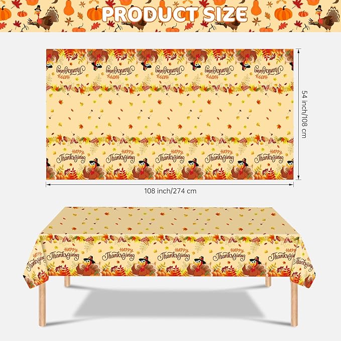 2 Pack Happy Thanksgiving Tablecloth - Fall Thanksgiving Turkey Table cloths, Disposable Plastic Rectangle Autumn Pumpkin Maple Leaf Table Cover for Thanks Giving Tables Decor Party Supplies,108x54In-Ruum Studio Home