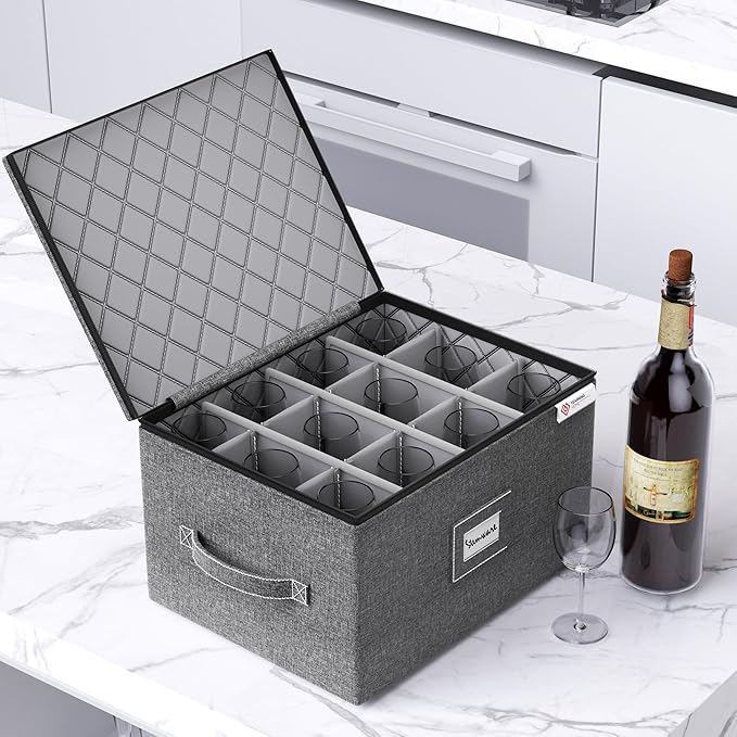 YearningHome Wine Glass Storage Box with Dividers,Hard Shell and Stackable Stemware Storage Containers with Sturdy Handle for Glassware Crystal Storage and Transport,Grey,Holds 12-Ruum Studio Home