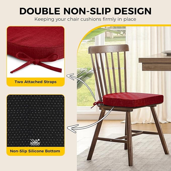 downluxe Indoor Chair Cushions for Dining Chairs, Soft and Comfortable Textured Foam Kitchen Chair Pads with Ties and Non-Slip Backing, 16" x 16" x 2", Red, 2 Pack-Ruum Studio Home