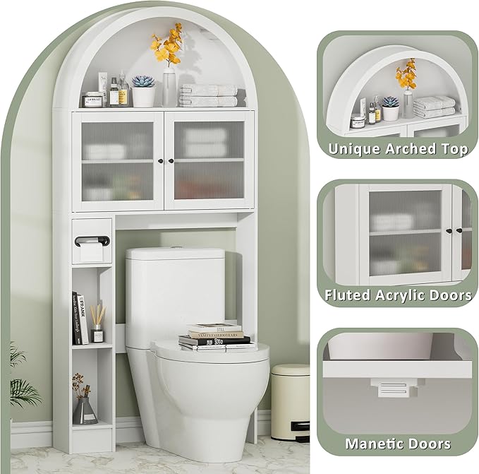 Over The Toilet Storage Cabinet, 31''W Arched Space-Saving Bathroom Organizer with Adjustable Shelf and Acrylic Doors, Freestanding Over Toilet Cabinet for Bathroom, Laundry, Restroom (White)-Ruum Studio Home