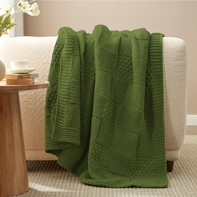 Amélie Home Chenille Knit Throw Blanket for Couch, Checkered Texture Decorative Soft Blanket for Sofa, Bed & Living Room, 50"x60", Olive Green-Ruum Studio Home