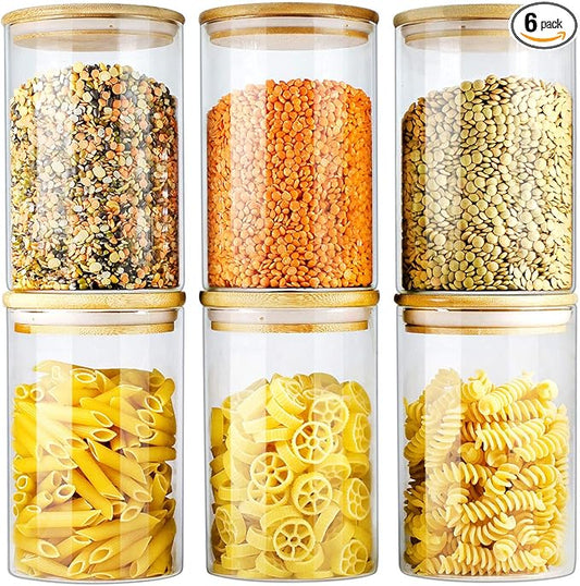 Glass Jars with Bamboo Lids (27oz in 6 Pack), Glass Food Jars and Canisters Sets, Food Storage Container with Airtight Lids, Food Pantry Jars,-Ruum Studio Home