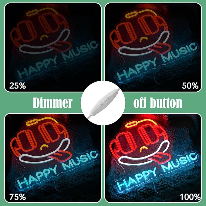 Headphone Neon Sign Dimmable Led Happy Music Neon Light for Wall Decor USB Cute Headset Figure Neon Light Sign for Music Studio Bar Live Music Party Bedroom-Ruum Studio Home