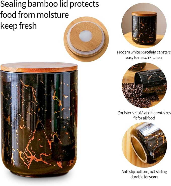 Ceramic Canister Set with Bamboo Airtight Lids, 3-Piece Kitchen Storage Jars (48oz, 30oz, 12oz) – Black with Gold Marble Pattern, Glossy Finish, for Coffee, Sugar, Flour & More-Ruum Studio Home