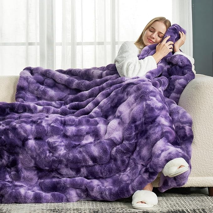 Cozy Bliss Faux Fur Throw Blanket for Couch, Fuzzy Soft Plush Thick Bubble Blanket for Sofa Bedroom Living Room, 50 * 60 Inches Tie-dye Purple-Ruum Studio Home
