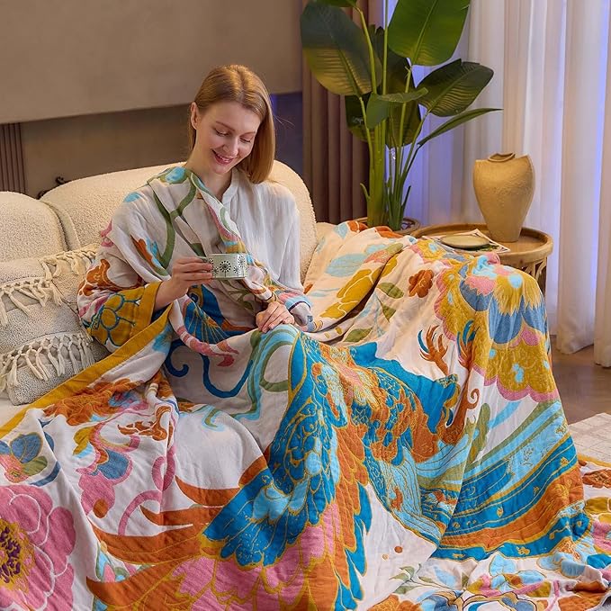 Boho Throw Blanket, Lightweight Blankets for Summer, 100% Cotton Bohemian Decorative Throw Blanket, 60"x80" Reversible Muslin Breathable Woven Farmhouse Blankets Quilt,-Ruum Studio Home