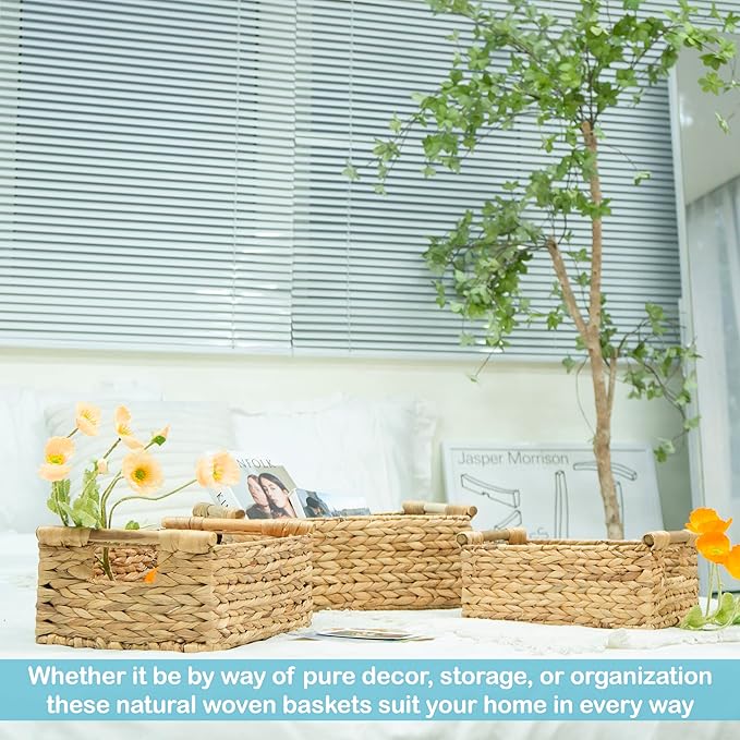 VATIMA Hyacinth Wicker Basket Set 3 size - Rectangular, Wooden Handles, Shelf Organizer, Natural Bins-Ruum Studio Home