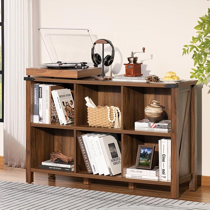 Farmhouse 6 Cube Book Shelf, Wood 3 Tier Storage Organizer Bookshelf, Brown Walnut 47" Horizontal Cubby Bookcase with Legs, Rustic Entryway Book Case, Long Display Cabinet for Bedroom, Office-Ruum Studio Home