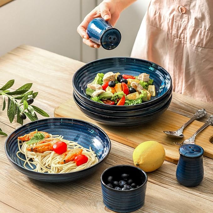 Pasta Bowls 32 OZ,Ceramic Salad Serving Bowls Set of 4,Large 8.7 inch Shallow Bowls Plates for Soup,Fruit,Noodle,Dinner,Dishwasher & Microwave Safe,Navy Blue-Ruum Studio Home