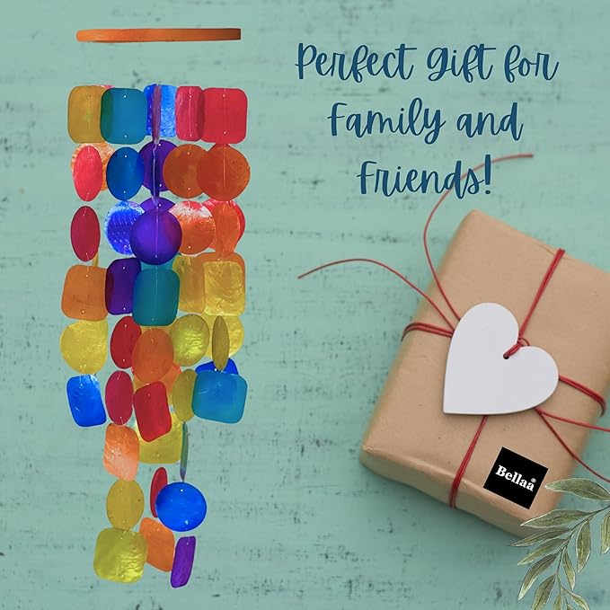 Bellaa 22890 Wind Chimes Outdoor, Garden Decorations, Musical, Indoor/Outside Windchimes, Beach, Ocean Breeze, Gifts for Mom, Gift for All Occasions, Capiz Sea Glass Shells Wood 27 inch Rainbow-Ruum Studio Home