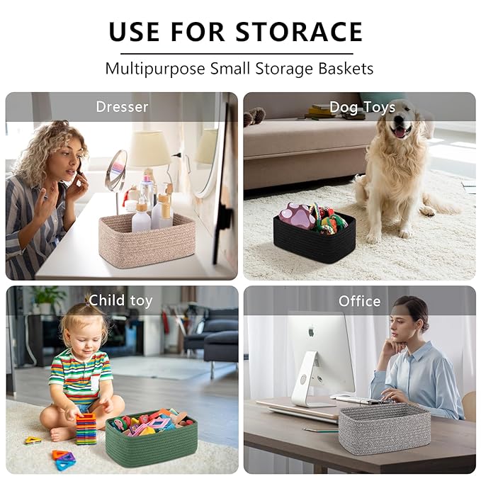 4 Pack Small Storage Shelf Baskets for Organizing, Mini Woven Rope Storage Bins for Towels, Cute Decorative Closet Organizer，Baby Nursery, Gift Empty Baskets -11.81''Lx7.87''Wx4.72''H'-Brown-Ruum Studio Home