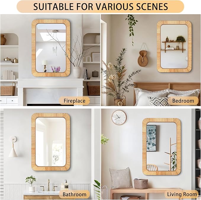 24x36 inch Rattan Rectangular Mirror for Wall, Bohemia Bathroom/Farmhouse Boho Mirrors, Vanity Irragular Decorative Mirror, Suitable for, Nursery, Bedroom, Living Room, Home Decoration-Ruum Studio Home