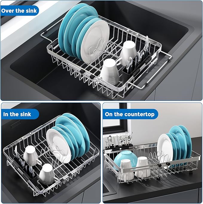 MAJALiS Expandable in Sink Dish Drying Rack - Adjustable Capacity (11.3''-17''L) Stainless Steel Over Sink Dish Drainers Rack for Kitchen Sink with Utensil Holder, Silver-Ruum Studio Home