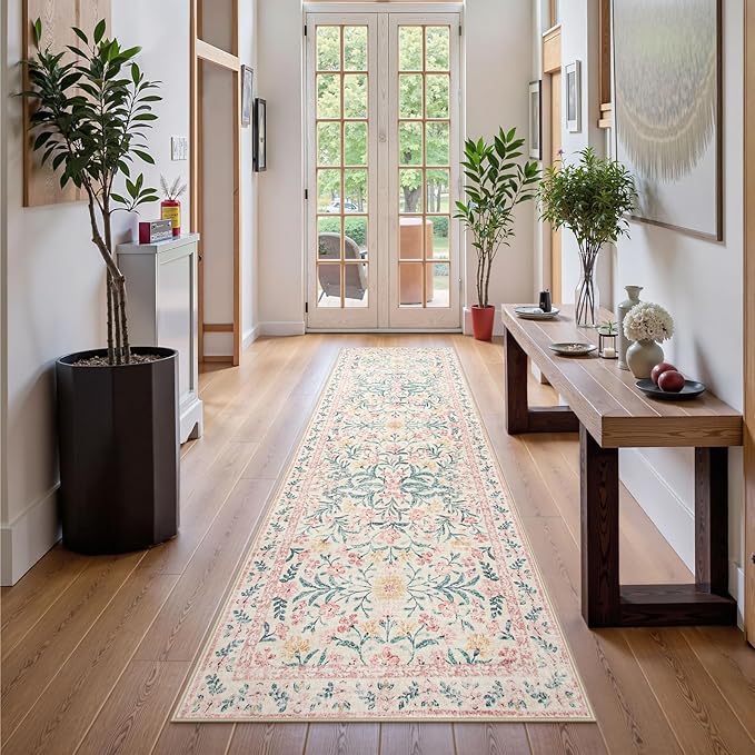Wonnitar Floral Washable Runner Rug, 2'6"x8' Runners for Hallways Pink Rugs for Entryway Bedroom, Boho Non Slip Soft 8ft Long Carpet for Kitchen Bathroom Laundry-Ruum Studio Home