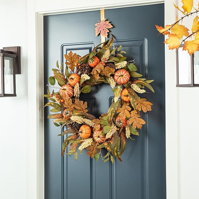 Glitzhome 24''D Fall Pumpkin Leaf Floral Wreath Decor, Artificial Harvest Door Wreath for Autumn or Thanksgiving Decoration-Ruum Studio Home