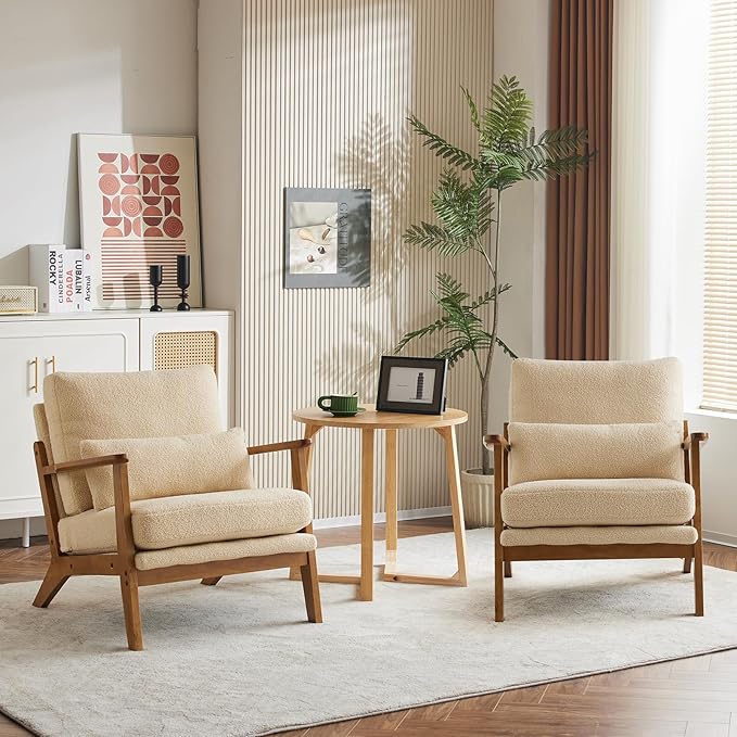 Karl home Accent Chair Wide Armrest Mid-Century Lounge Chair Teddy Fleece Armchair with Lumbar Pillow & Solid Wood Frame for Living Room, Bedroom, Balcony, Khaki-Ruum Studio Home