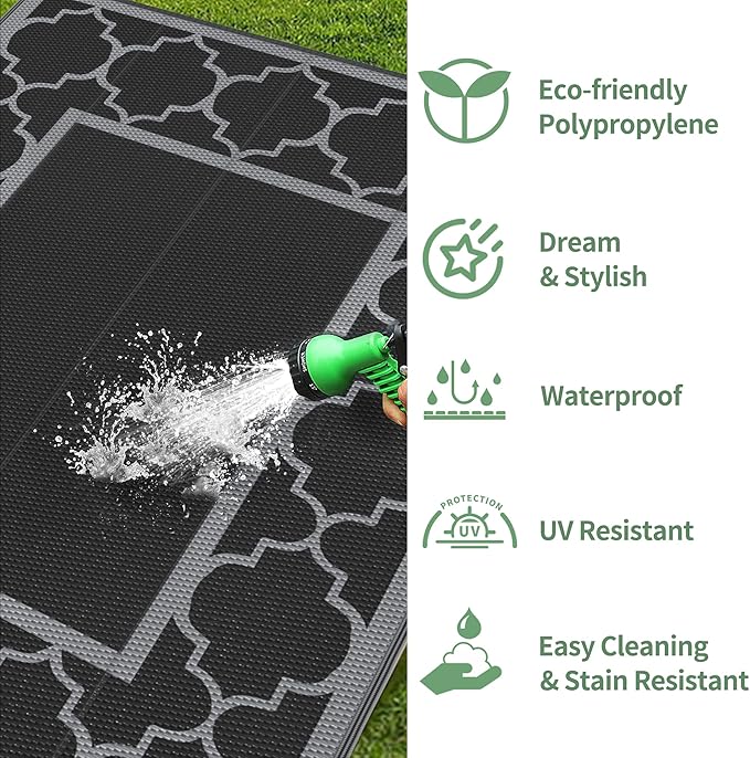 GENIMO Outdoor Rug 9' x 12' Waterproof for Patio Decor, Reversible Plastic Straw Area Rugs Mat for Camper, Outside Carpet for Camping, Rv, Deck, Porch, Picnic, Beach, Balcony, Black & Grey-Ruum Studio Home
