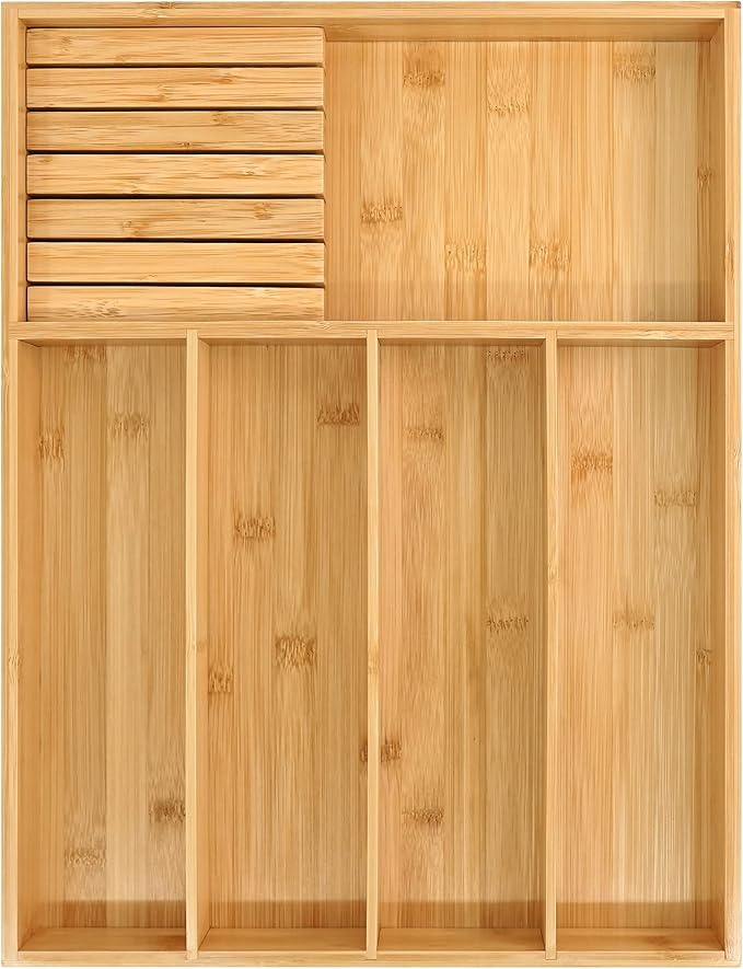 VaeFae Bamboo Silverware Organizer (Non-expandable), Utensil Holder for Drawer, Wooden Cutlery Tray with Divider for Kitchen Drawer, Utensil Organizer with Knife Block-Ruum Studio Home