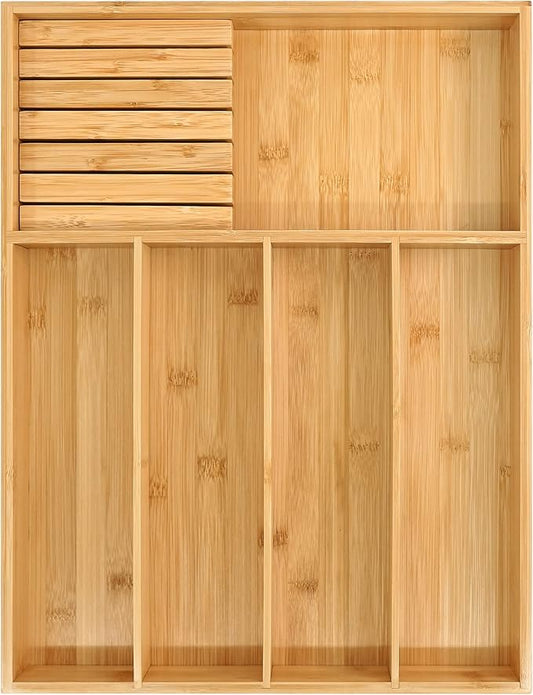VaeFae Bamboo Silverware Organizer (Non-expandable), Utensil Holder for Drawer, Wooden Cutlery Tray with Divider for Kitchen Drawer, Utensil Organizer with Knife Block-Ruum Studio Home