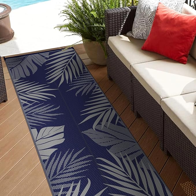 GENIMO Outdoor Rug 2.5' x 8' Waterproof for Patios Clearance, Reversible Outdoor Plastic Straw Camping Rug Carpet, Large Area Rugs Mats for RV, Camper, Deck, Balcony, Porch, Beach, Picnic, Blue&Grey-Ruum Studio Home