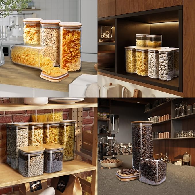 Square Glass Jars with Bamboo Lids 53 FL OZ [Set of 4], Glass Canisters with Airtight Lid, Glass Food Storage Containers for Pasta, Cereal, Coffee, Flour, Sugar, Best for Kitchen & Pantry-Ruum Studio Home