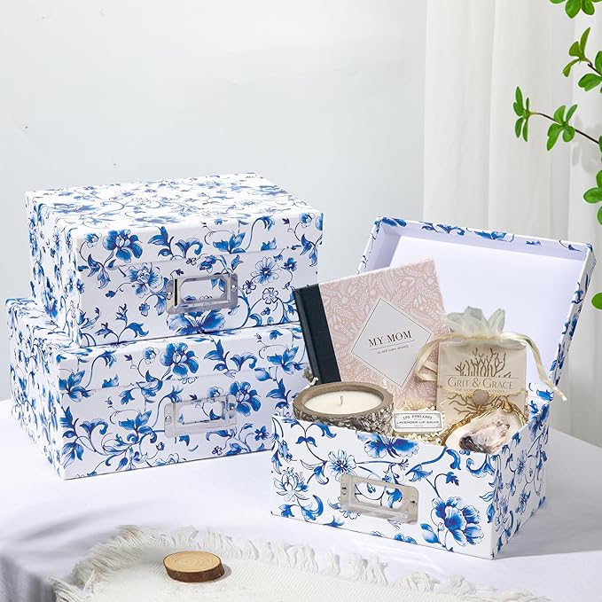 Briful Decorative Photo Storage Boxes with Lids, Set of 4 – Blue and White Porcelain Pattern, Nested Card Storage Box Organizer, Decorative Paperboard Box for Closet, Office, Gifts,Cosmetic,Books-Ruum Studio Home