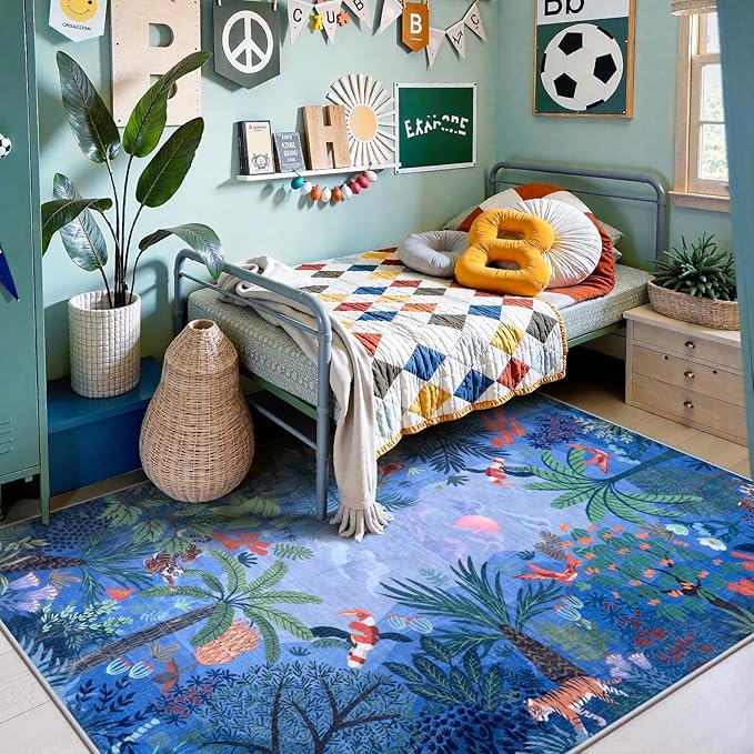 LIVEBOX Washable Jungle Animal Print 5x7 Blue Rug for Living Room, Non-Slip Kids Bedroom Rugs for Boy Playroom Kid Baby Room, Soft Stain Resistant Blue and Green Rug for Nursery Boy Dining-Ruum Studio Home