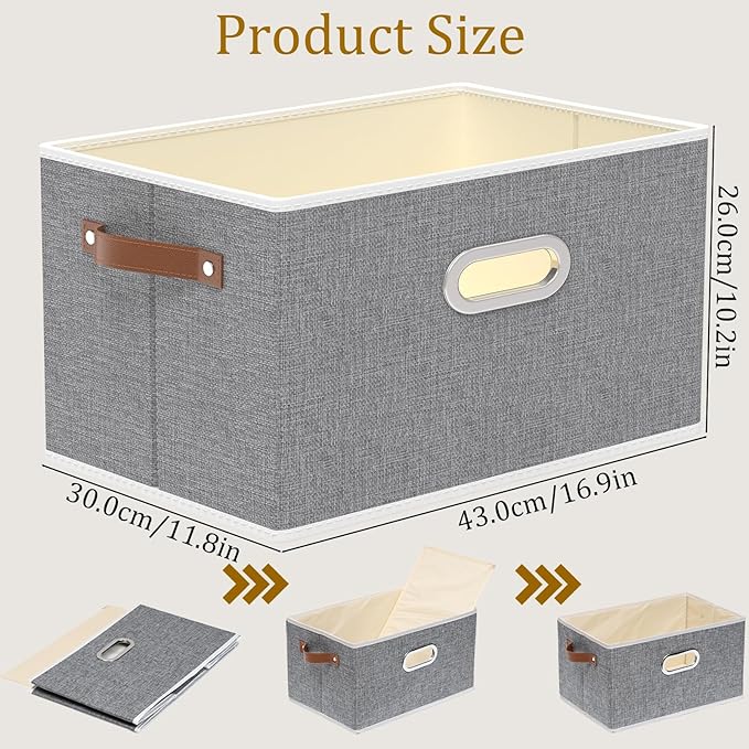 Yawinhe Fabric Storage Bins with Handles, Foldable Baskets for Shelves, Cubes with 3 Handles, Large Boxes for Clothes, Grey, 16.9''Lx11.8''Wx10.2''H, 6-Pack-Ruum Studio Home