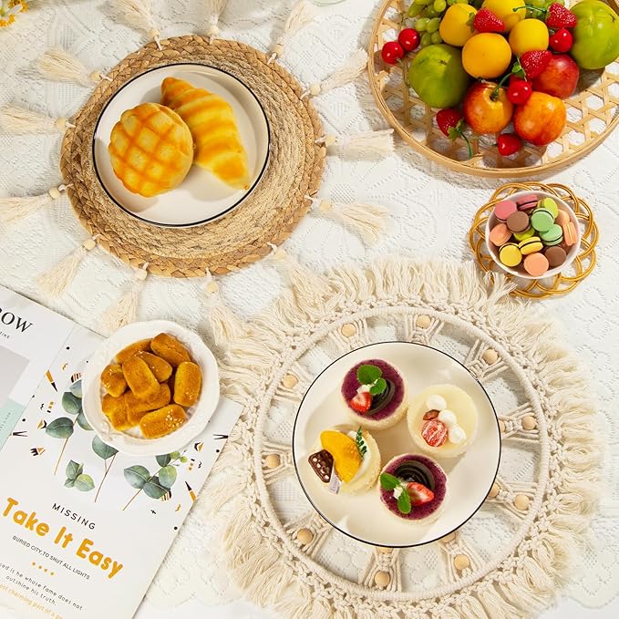 Boho Wall Basket Decor Set of 4 - Flat Woven Basket Wall Hanging Decor,Round Tassels White Macrame Tapestry Wall Decor Art,Handmade Rattan Wicker Seagrass Home Wall Baskets Decor(Wooden Beads Style)-Ruum Studio Home