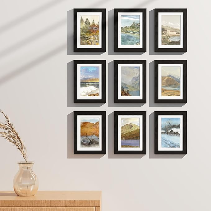 Vittanly 5x7 Picture Frames Set of 9, Shatter Resistant Plexiglass, Display 4x6 Pictures with Mat or 5x7 without Mat, Photo Frames for Wall or Tabletop, Engineered Wood, Black-Ruum Studio Home