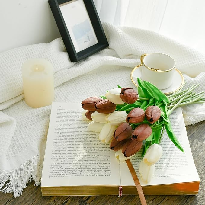 Mandy's Artificial Tulips 20 Stems White and Brown PU Faux Flowers for Wedding Home Decor 13.5 Inch-Ruum Studio Home