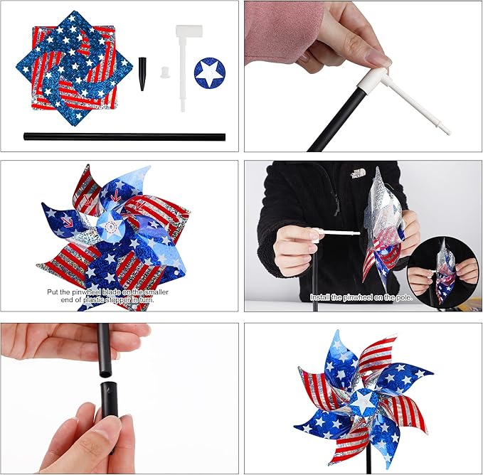 Hausse 10 Pack Reflective Pinwheels Patriotic Decorations, American Flag on Stick Wind Spinner with Stake for Independence Day, Memorial Day July of 4th Party Supplies, Scare Birds Repellent Devices-Ruum Studio Home