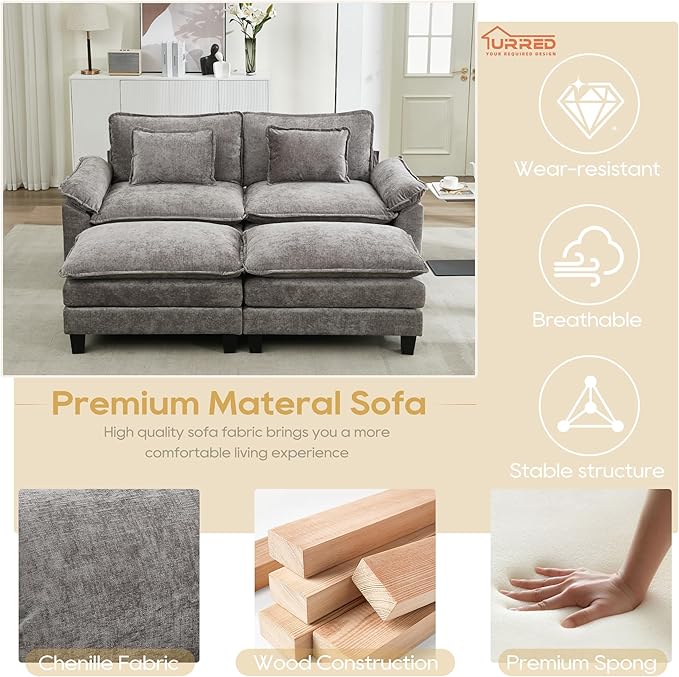 URRED Modular Sectional Sofa Comfy Cloud Couch, Modern Chenille Sofa Sleeper Deep Seat Couches with Ottoman/Pillows for Living Room (Gray, 82.6''- 2 Ottomans)-Ruum Studio Home