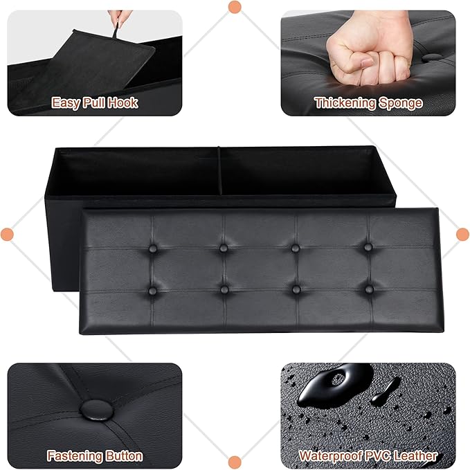 SUPER DEAL 43 Inch Folding Storage Ottoman Bench, Faux Leather Storage Chest Shoes Bench with Divider Padded Seat Couch Footrest for Bedroom Entryway, 660 lbs Capacity 43"x 15"x 15", Black-Ruum Studio Home