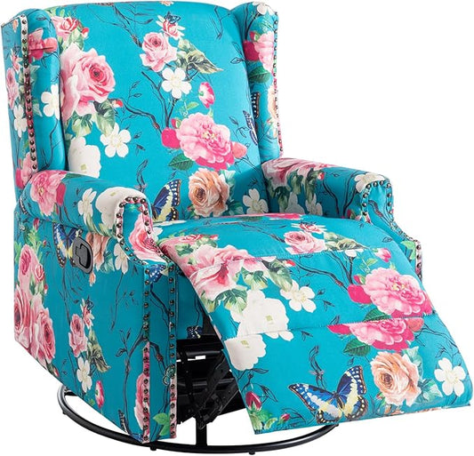 UIXE Swivel Rocker Manual Recliner Chair, Wingback Swivel Glider Fabric Nursery Reclining Sofa Chair, High Back Upholstered Arm Chair for Living Room Bedroom - Peacock Blue-Ruum Studio Home