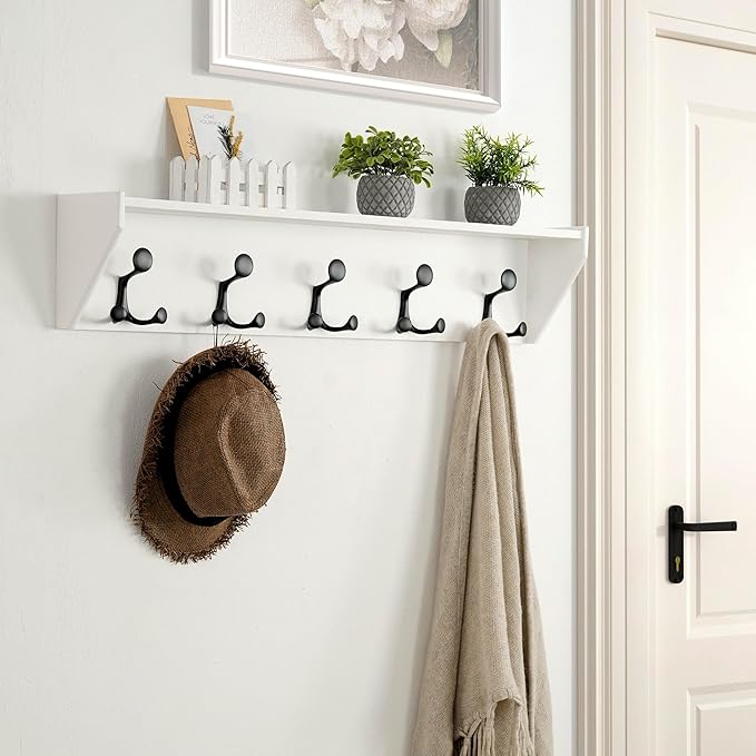 SKOLOO Wall Shelf with Hooks, 24-Inch White Coat Rack Wall Mount with Shelf Organizer - Lightweight & Sturdy, 5 Tri Hooks - Perfect for Entryway, Hallway, Living Room, Bedroom, Mudroom-Ruum Studio Home