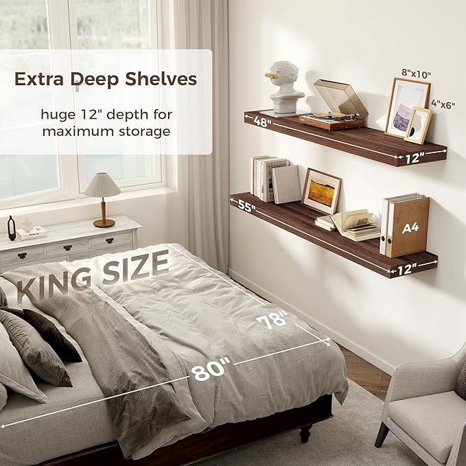 Floating Shelves 55 Inch Long, 12 Inch Deep Floating Shelves for Wall, Rustic Deep Wall Shelf for Fireplace Mantel, 55 x 12 Large Display Shelf for Living Room, Bedroom, Kitchen, Walnut Color, 1 Pack-Ruum Studio Home