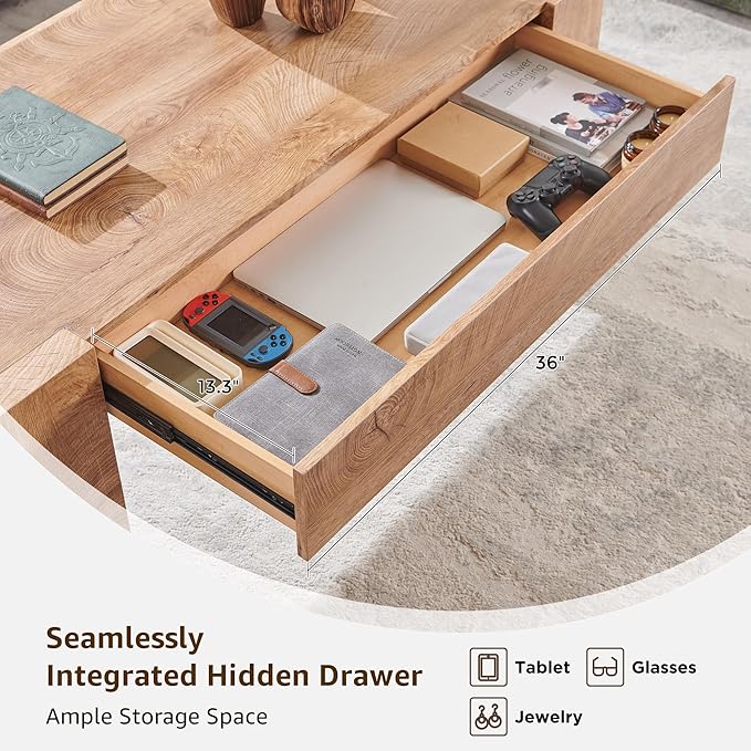 OKD 48" Modern Farmhouse Coffee Table, Wooden Living Room Table with Hidden Storage Drawer, Rustic Rectangular Center Tables w/Wood Thick Design for Living Room, Office, Light Knotty Wood-Ruum Studio Home