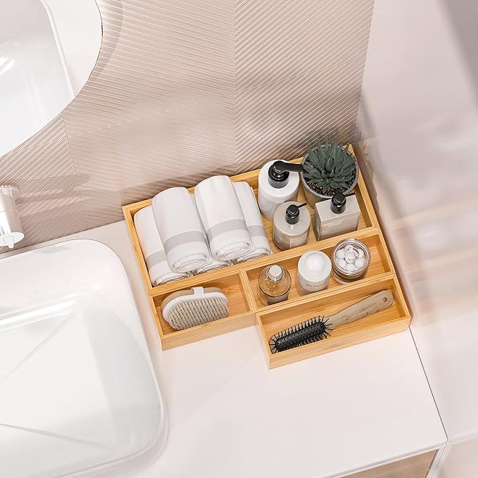 Kitchen Drawer Organizer Bins, Stackable Bamboo Deep Drawer Organizer for Silverware, Utensils, Cutlery, Flatware, Junk Drawer, Dresser, Bathroom, 12" x 3" x 2.5" (Set of 2)-Ruum Studio Home