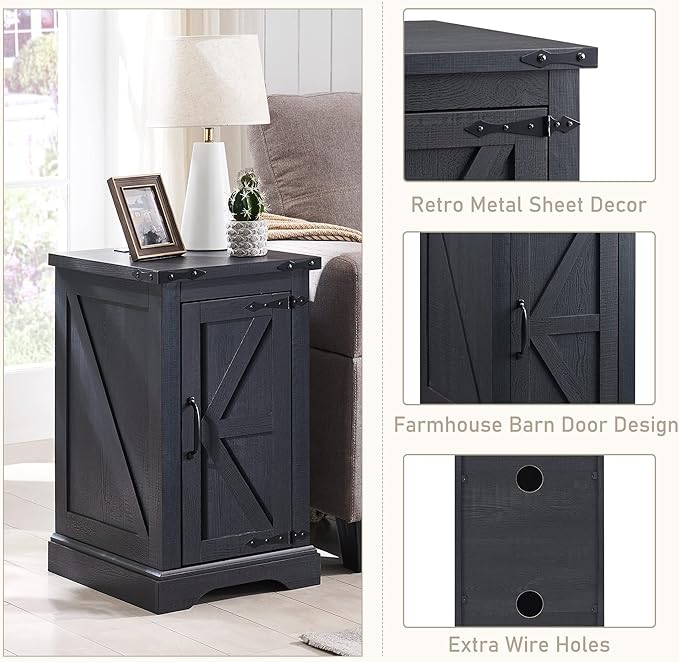 JXQTLINGMU Farmhouse Nightstand Set of 2 with Charging Station, 17" D Rectangular End Table with Barn Door & Adjustable Storage Shelf, Wood Rustic Sofa Side Table for Living Room, Bedroom, Black-Ruum Studio Home