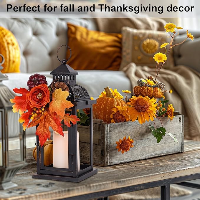 NEEDOMO Fall Decorations for Home, 15'' Fall Lantern Indoor Outdoor Thanksgiving Decor, Vintage Metal Hanging Candle Holders with Fall Teardrop Wreath and LED Candle for Patio, Porch, Table-Ruum Studio Home