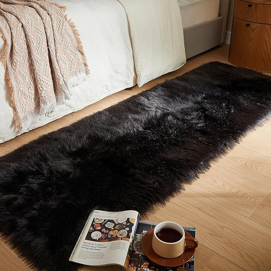 AMTOVO Faux Fur Rug, Black Ultra Soft Fluffy Shag Sheepskin Rug, 2 x 6 ft Runner Area Rugs for Bedroom Sofa Throw Cushion Room Decor, Rectangle-Ruum Studio Home