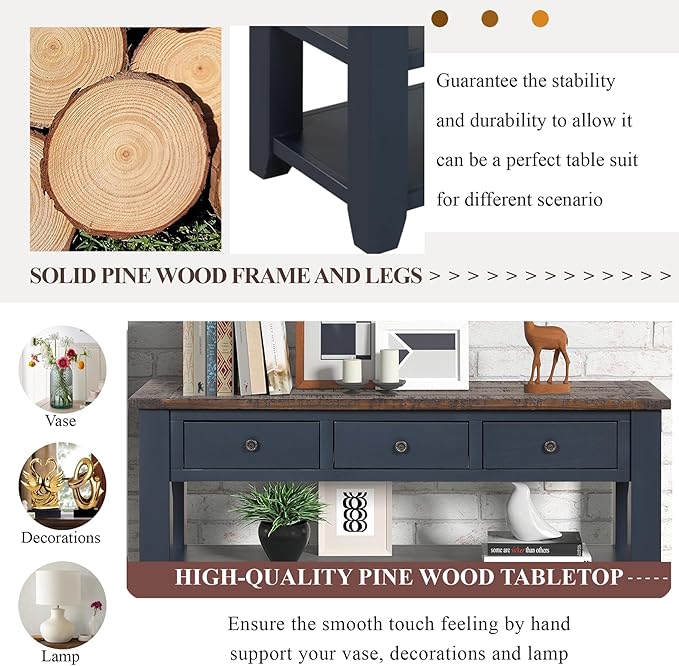Solid Wood Console Table Sofa Table with Storage Drawers and Bottom Shelf Entryway Table for Entry Hallway Foyer Sofa Couch Table Fully Assembled (48.8" Blue)-Ruum Studio Home