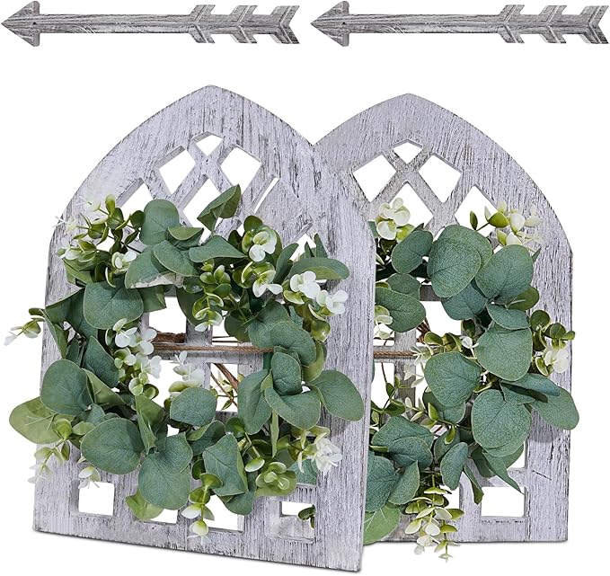 Rustic Wood Window Frame with Green Wreath and Arrows Wall Decor，Farmhouse Window Frame Hanging Decor, Wooden Fake Decoration,Window Pane Wall Decor,Set of 2 (windows white)-Ruum Studio Home